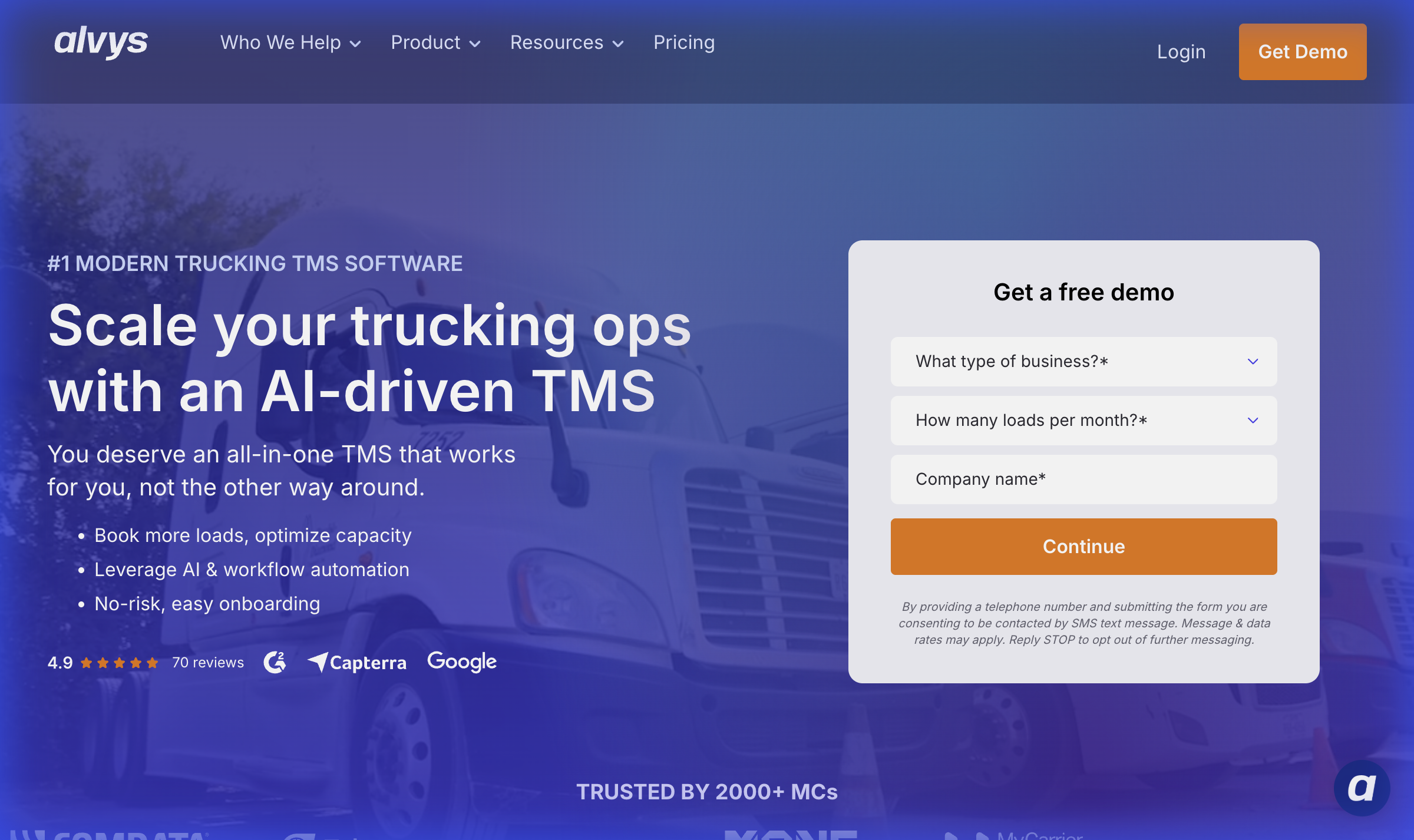 Alvys homepage showing AI-driven TMS for trucking operations