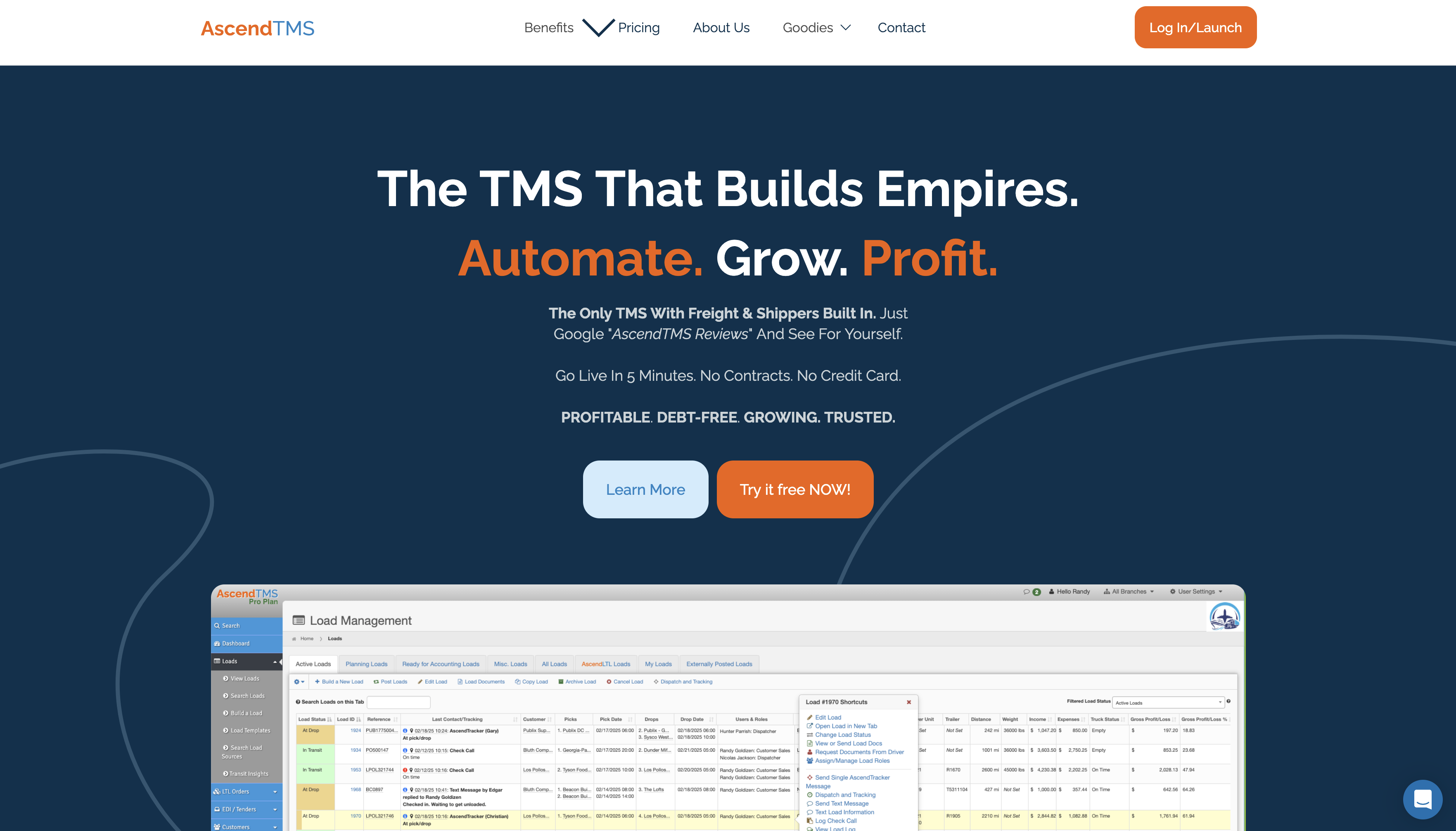 AscendTMS homepage showing load management interface